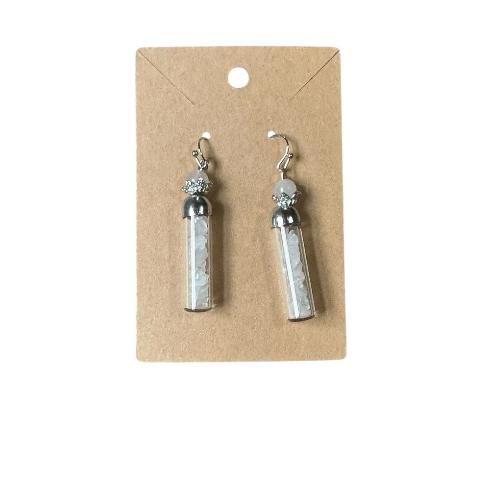 Crystal Chip Vial Dangle Earrings Silver Tone Moonstone White Quartz